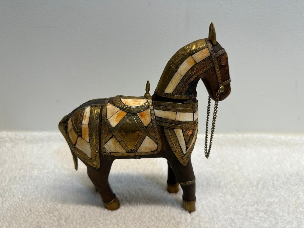 Vintage Handcrafted Wood and Brass Armor Horse Figurine with Bone Inlay Chain
